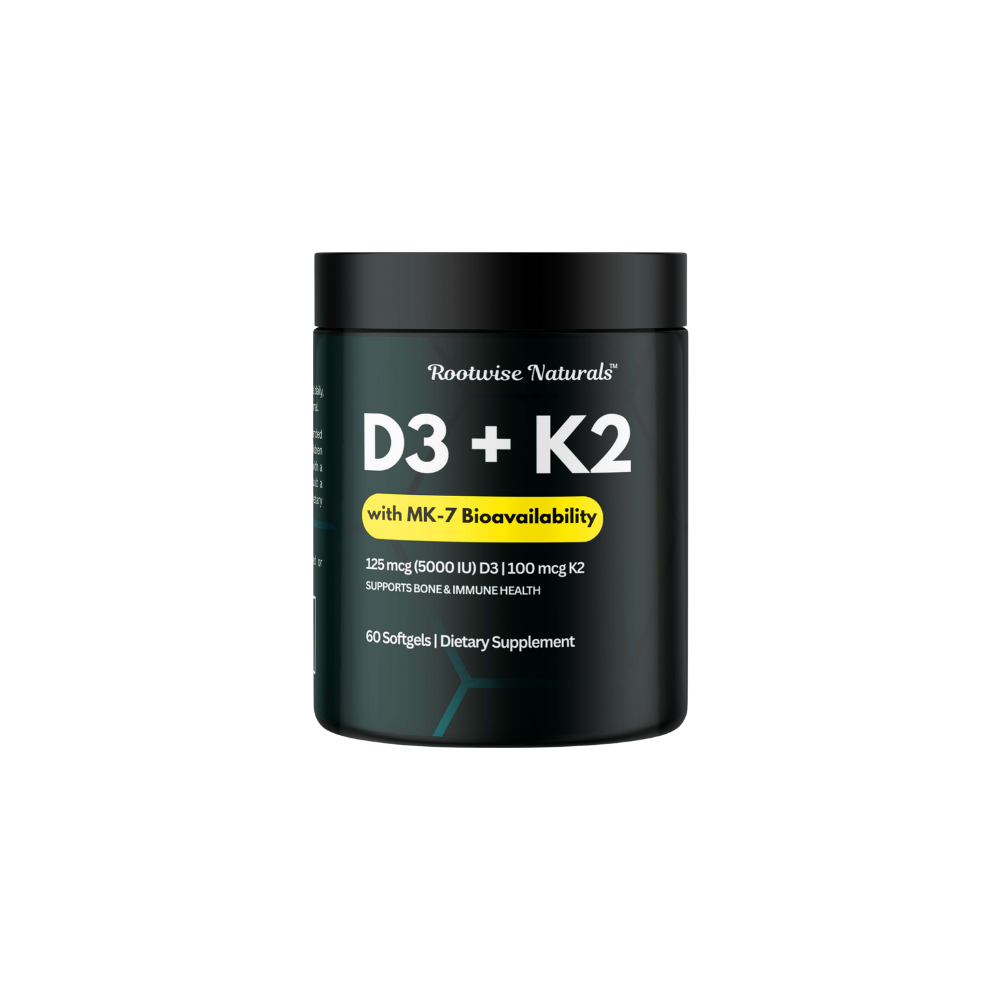 Supplement container labeled 'D3 + K2' by Rootwise Naturals on a white background