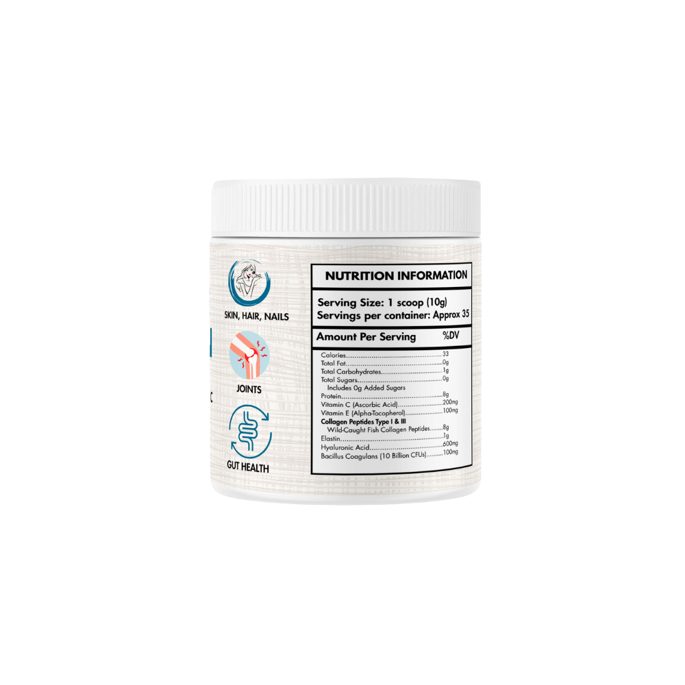 Supplement jar with nutrition label on a white background