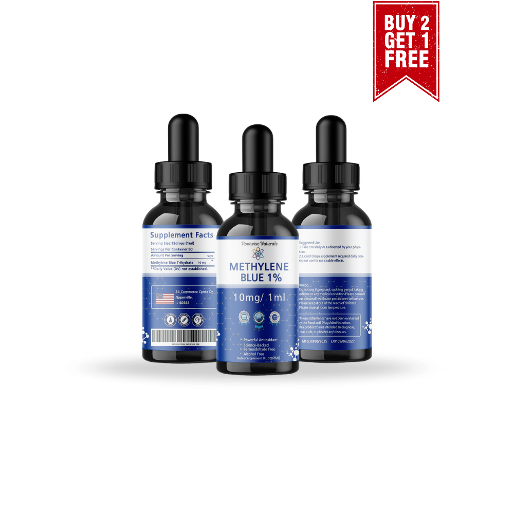 Three bottles of Methylene Blue with a 'Buy 2 Get 1 Free' offer on a white background.