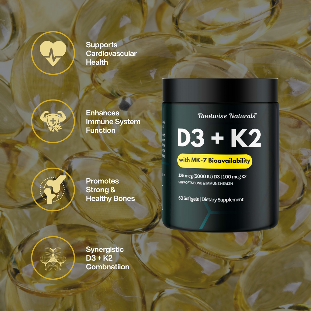 Supplement container labeled D3 + K2 with capsules in the background