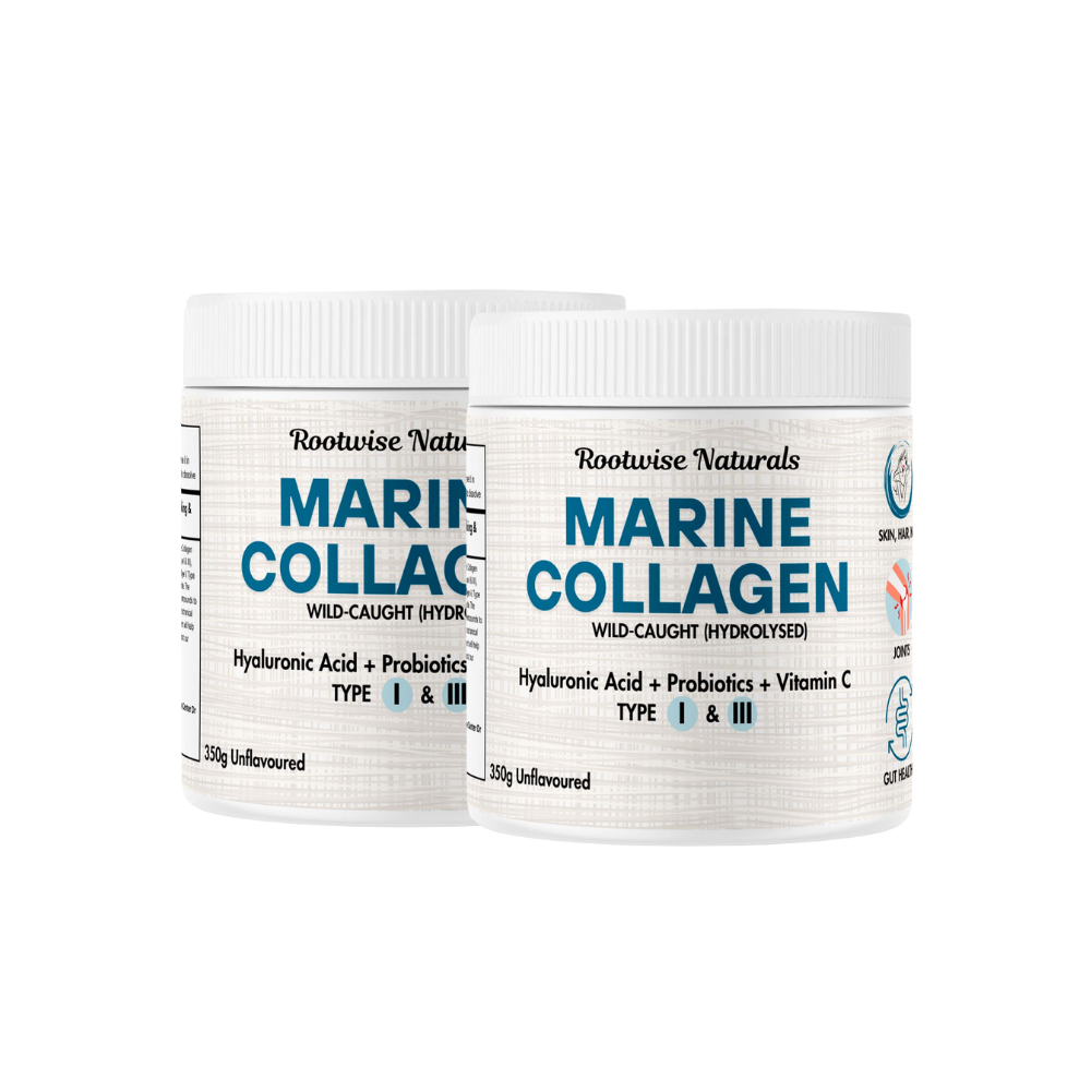Two containers of Rootwise Naturals Marine Collagen on a white background